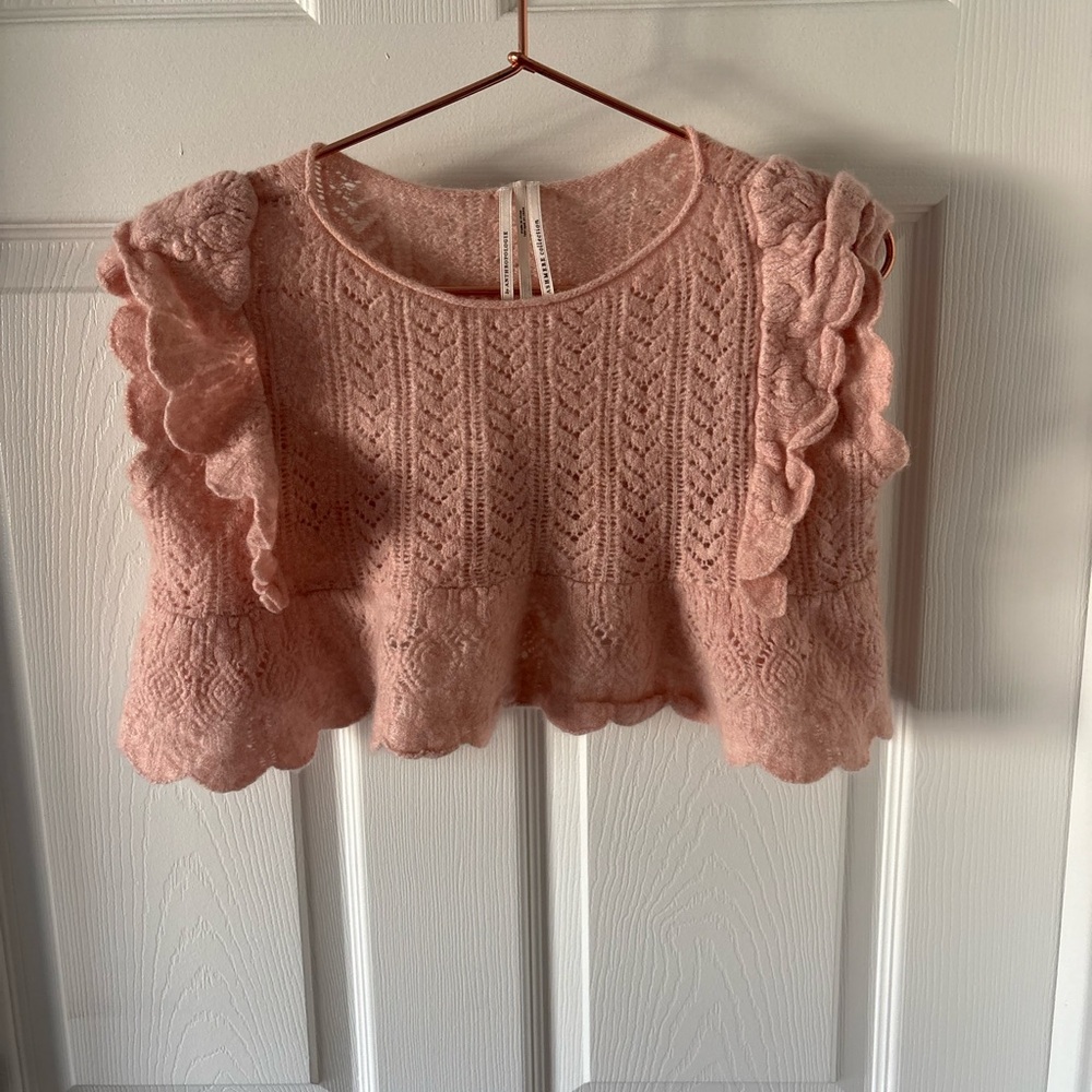 Anthropologie Flutter-Sleeve Pointelle Cashmere Sweater Tee Size XS - Picture 4 of 7